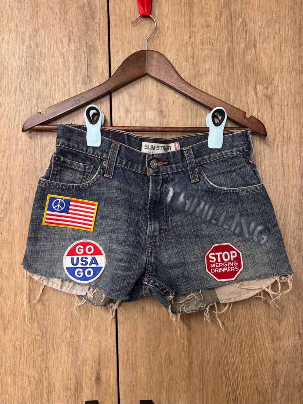 Levi's Womens Americana Dark Blue Denim Shorts with Patriotic Patches W30